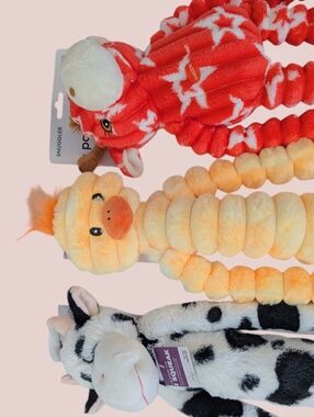 (3) Dog Toy Lot Stuffed Plush Chick Cow Farm Snuggler Squeaker NEW Multipet